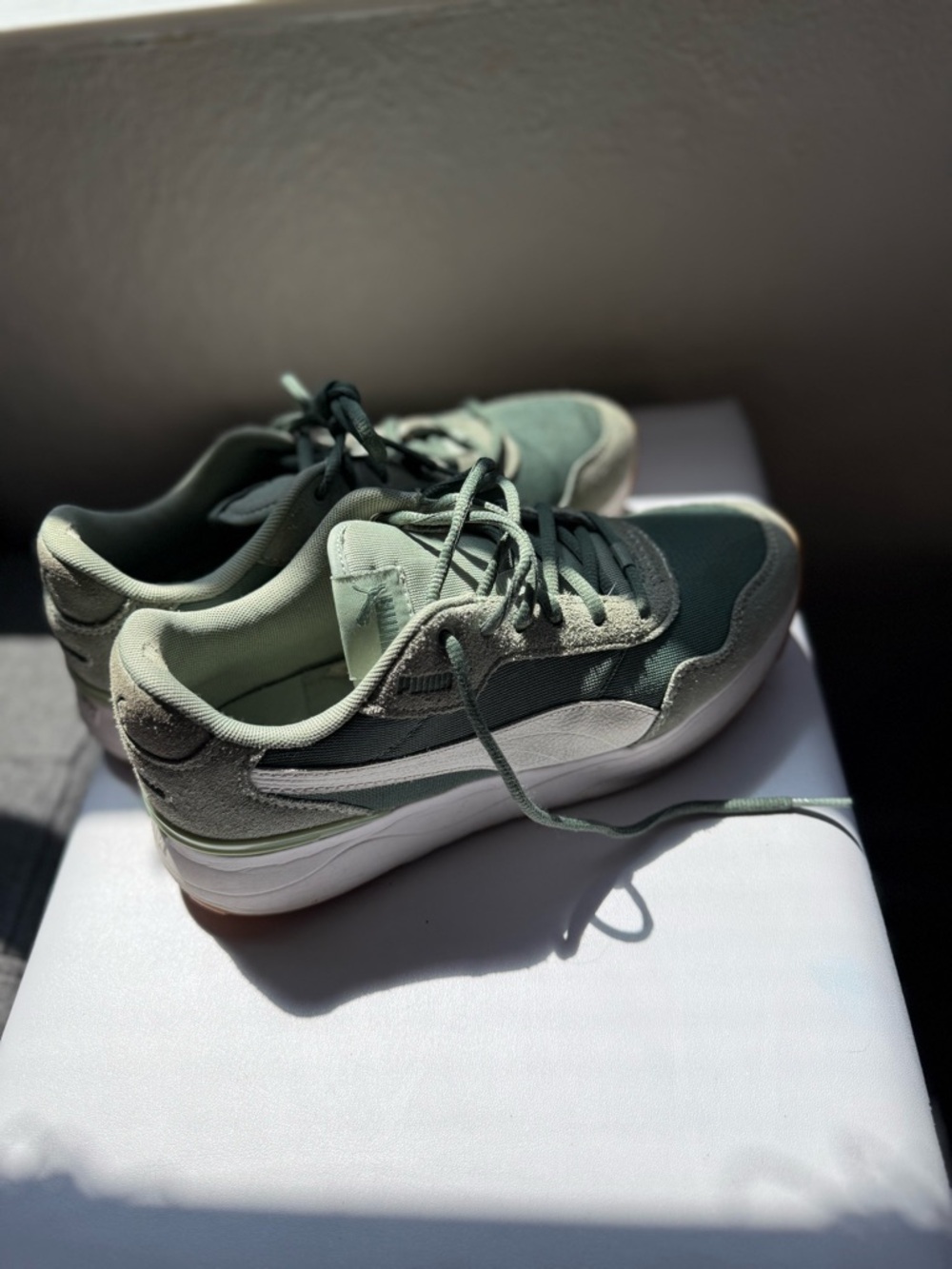 Puma Sage Green and White Low-Top Sneakers